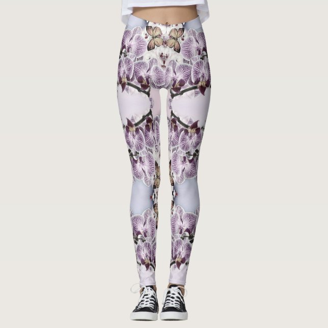 Pink cute orchid flowers and butterfly drawing  leggings (Front)