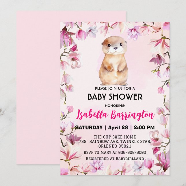 Pink Cute Otter cub wild flowers baby shower kids Invitation (Front/Back)