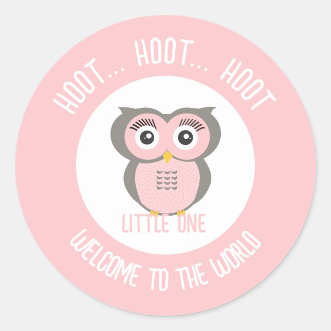 Pink Cute Owl Hoot Hoot Welcome to the World  Classic Round Sticker (Front)