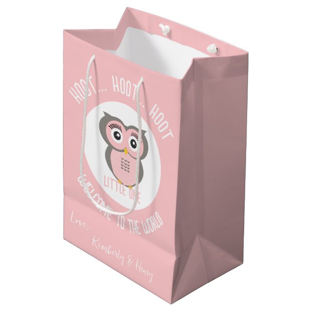 Pink Cute Owl Hoot Hoot Welcome to the World  Medium Gift Bag (Front Angled)