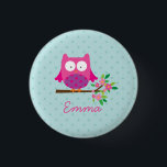 Pink Cute Owl Personalised Button<br><div class="desc">Pink Owl on a branch personalised button with pink flowers and aqua dots pattern for girls</div>