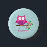 Pink Cute Owl Personalised Button<br><div class="desc">Pink Owl on a branch personalised button with pink flowers and aqua dots pattern for girls</div>