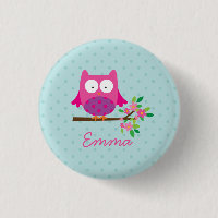 Pink Cute Owl Personalised Button
