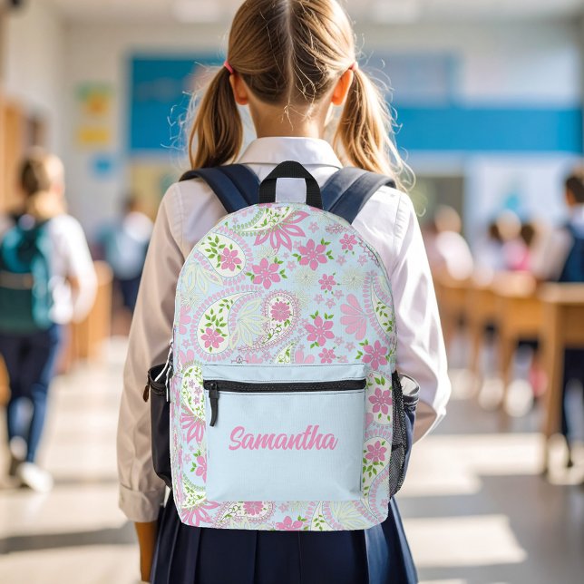 Pink Cute Paisley Pattern Blue Personalised Printed Backpack (Pink and blue paisley pattern backpack.)