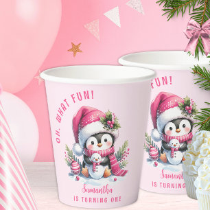 Pink Cute Penguin Christmas Girl 1st Birthday Paper Cups
