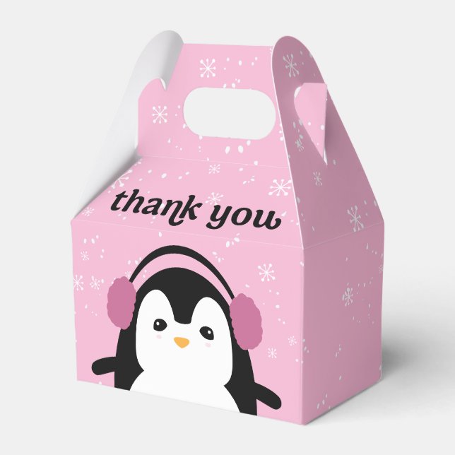 Pink Cute Penguin Winter Baby Shower Thank you Favour Box (Front Side)