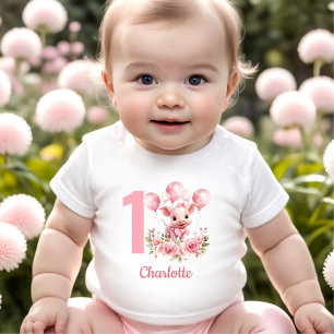 Pink Cute Pig Farm 1st Birthday Name Baby Girl T-Shirt