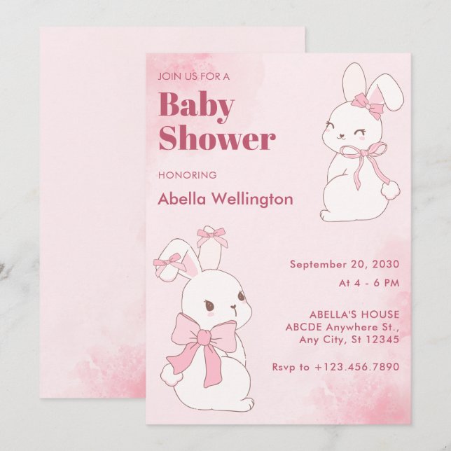 Pink cute rabbit bunny baby shower invitation (Front/Back)