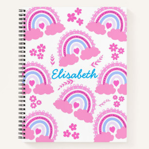 Pink Cute Rainbow Flowers Personalised Girl Name Notebook