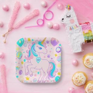 Pink Cute Rainbow unicorn birthday girls kids Paper Plate