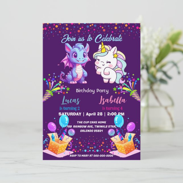Pink Cute Rainbow Unicorn dinosaurs 2nd Birthday  Invitation (Standing Front)