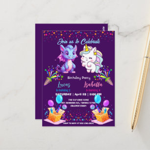 Pink Cute Rainbow Unicorn dinosaurs 2nd Birthday  Postcard