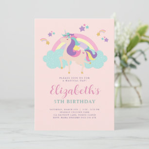 Pink   Cute Rainbow Unicorn Personalised Birthday Invitation
