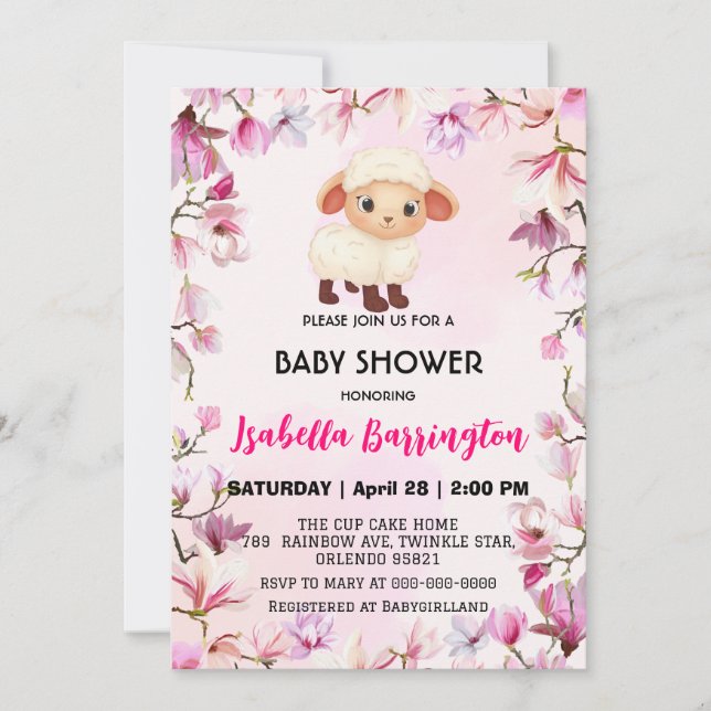 Pink Cute ram sheep flower floral baby shower kid Invitation (Front)