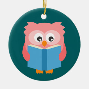 Pink cute reading owl ceramic tree decoration