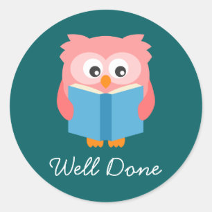 Pink cute reading owl classic round sticker