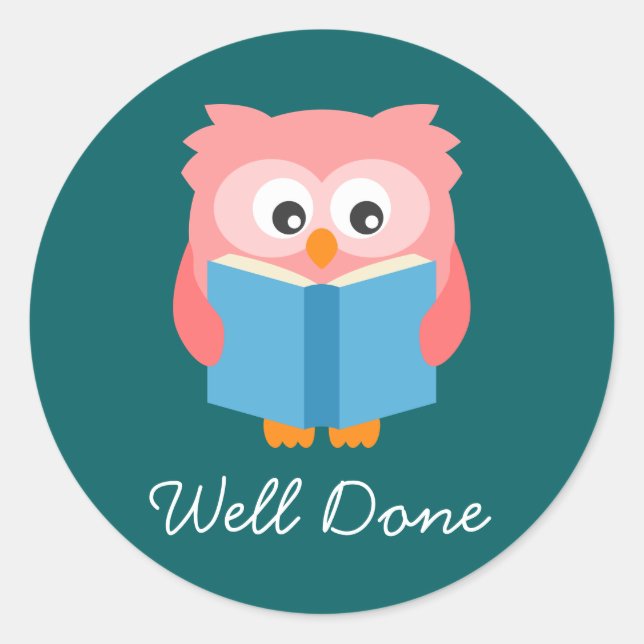 Pink cute reading owl classic round sticker (Front)