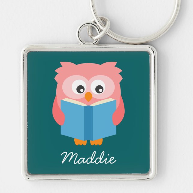 Pink cute reading owl key ring (Front)