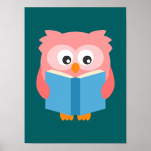 Pink cute reading owl poster