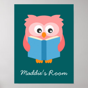Pink cute reading owl poster