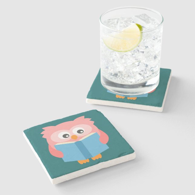 Pink cute reading owl stone coaster (Side)