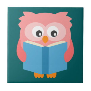 Pink cute reading owl tile