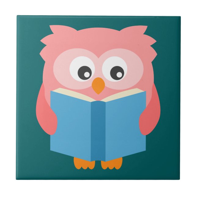 Pink cute reading owl tile (Front)