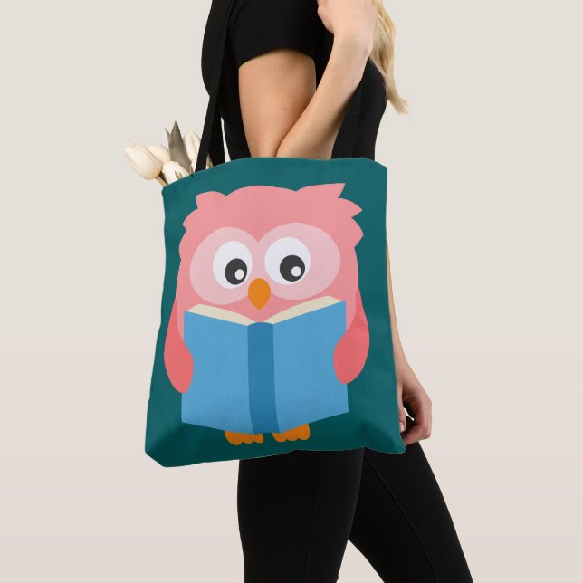 Pink cute reading owl tote bag (Close Up)