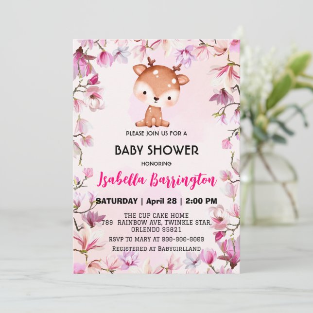 Pink Cute reindeer fawn flowers baby shower kids Invitation (Standing Front)