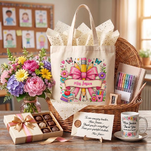 Pink Cute Retro Flowers Cartoon Pencil Teacher Tote Bag