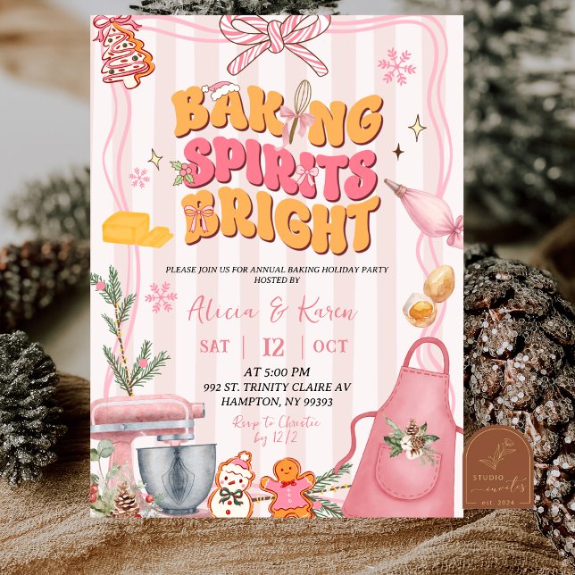 Pink Cute Retro Stripes Baking Spirits Bright Invitation (Creator Uploaded)