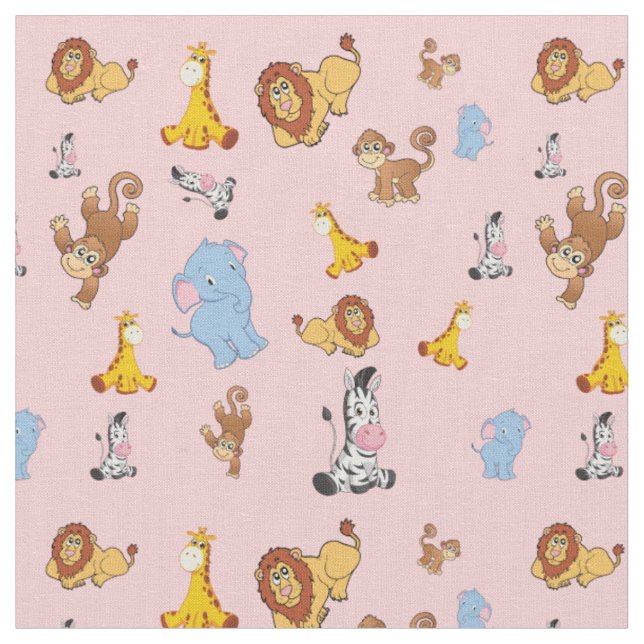 pink Cute safari animal pattern - Giraffe, elephan Fabric (Close Up)