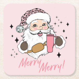 Pink Cute Santa, Boujee Santa w/ Stanley Belt Bag Square Paper Coaster