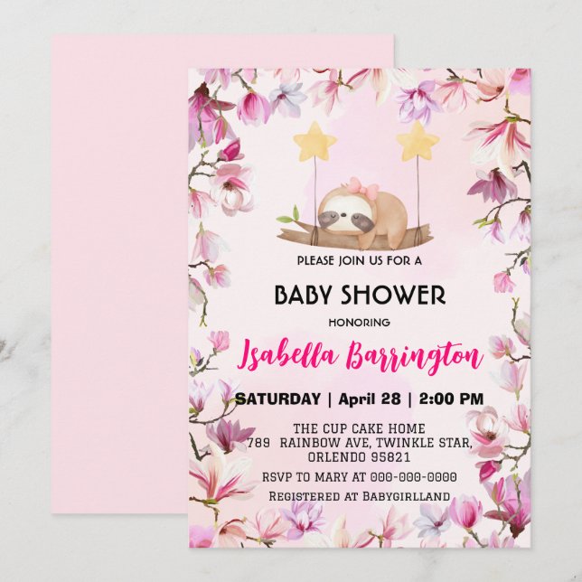 Pink Cute sloth sweet dream flower baby shower kid Invitation (Front/Back)