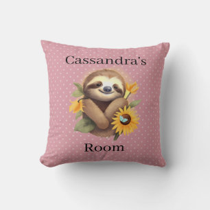 Pink Cute Sloth With Sunflowers Cushion