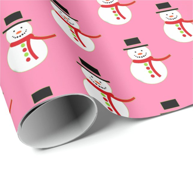 Pink | Cute Snow Man Christmas Wrapping Paper (Roll Corner)