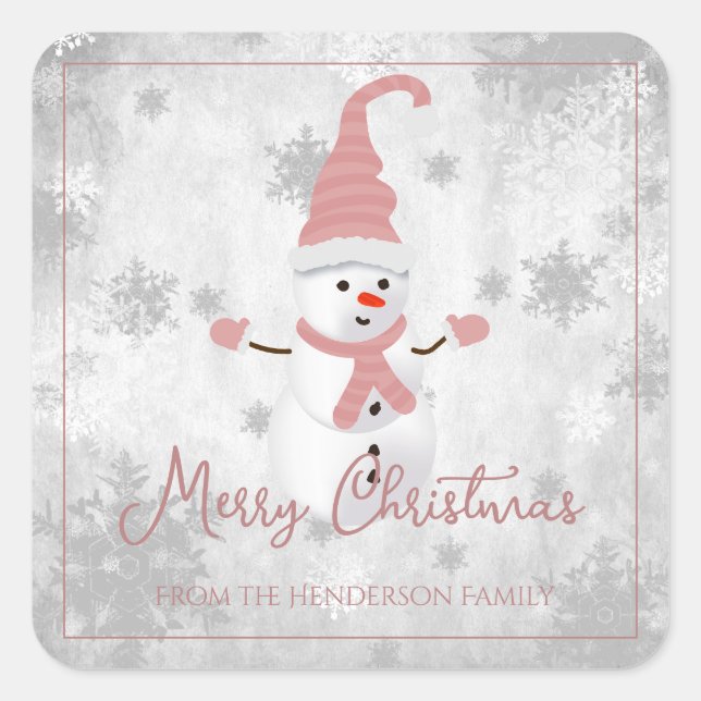 Pink Cute Snowman Christmas Sticker (Front)