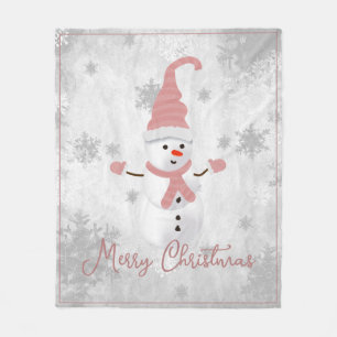 Pink Cute Snowman Holiday Fleece Blanket