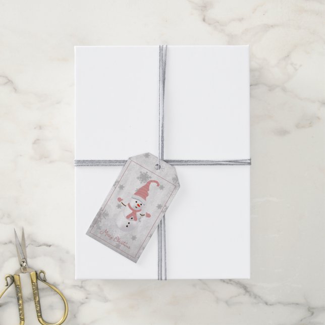 Pink Cute Snowman Holiday Gift Tag (With Twine)