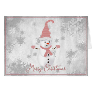 Pink Cute Snowman Holiday Greeting Card