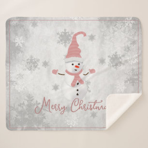 Pink Cute Snowman Holiday Sherpa Blanket