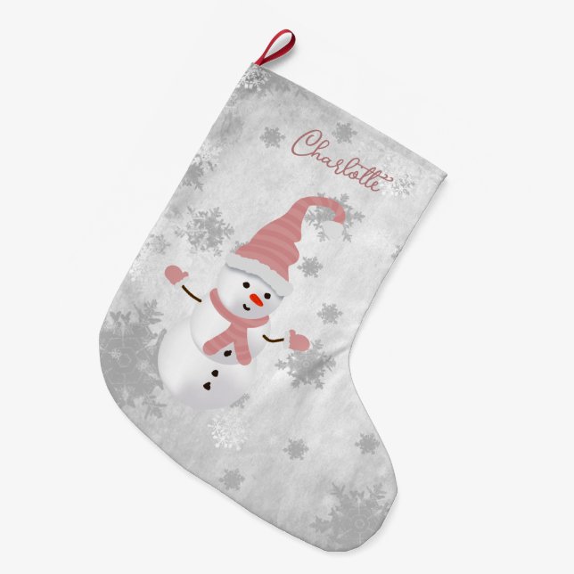 Pink Cute Snowman Holiday Stocking (Front (Hanging))