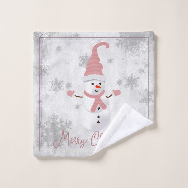 Pink Cute Snowman Holiday Towel Set (Wash Cloth)
