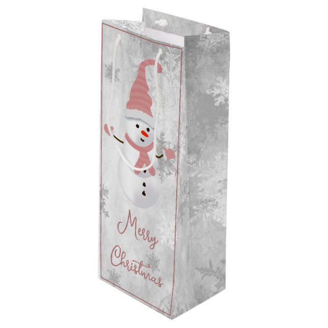 Pink Cute Snowman Holiday Wine Gift Bag (Front Angled)