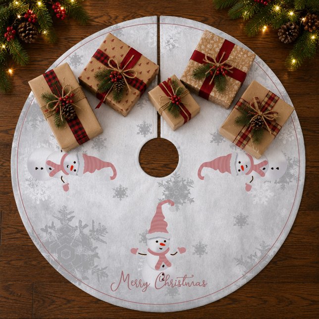 Pink Cute Snowman Tree Skirt (Pink Cute Snowman Christmas Tree Skirt)