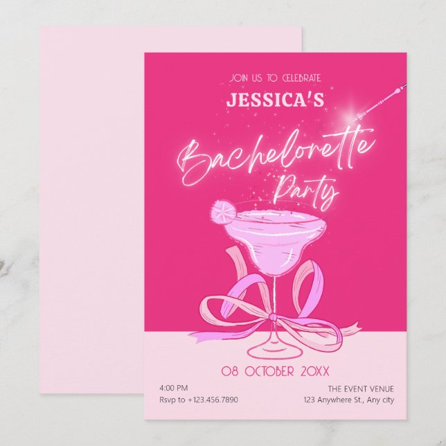 Pink cute sparkle bow cocktail bachelorette party invitation (Front/Back)