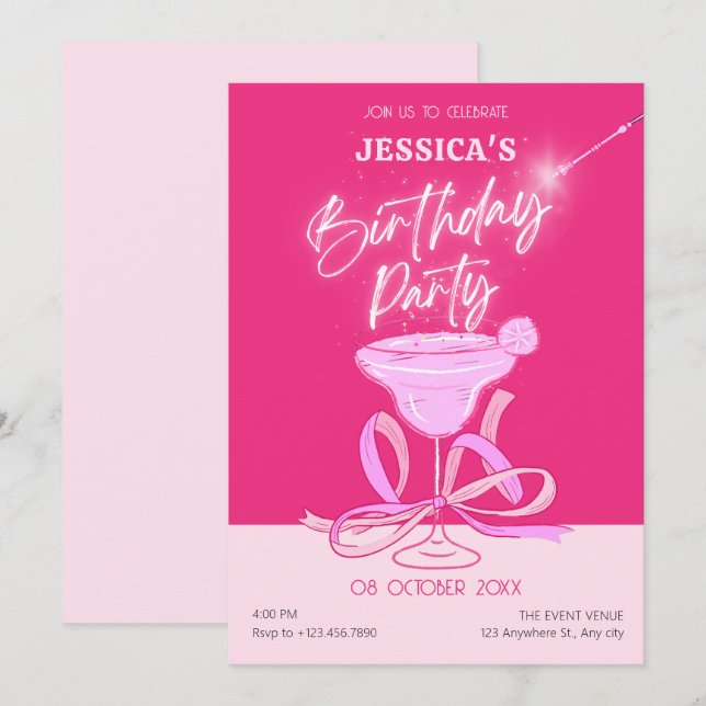 Pink cute sparkle bow cocktail birthday party invitation (Front/Back)