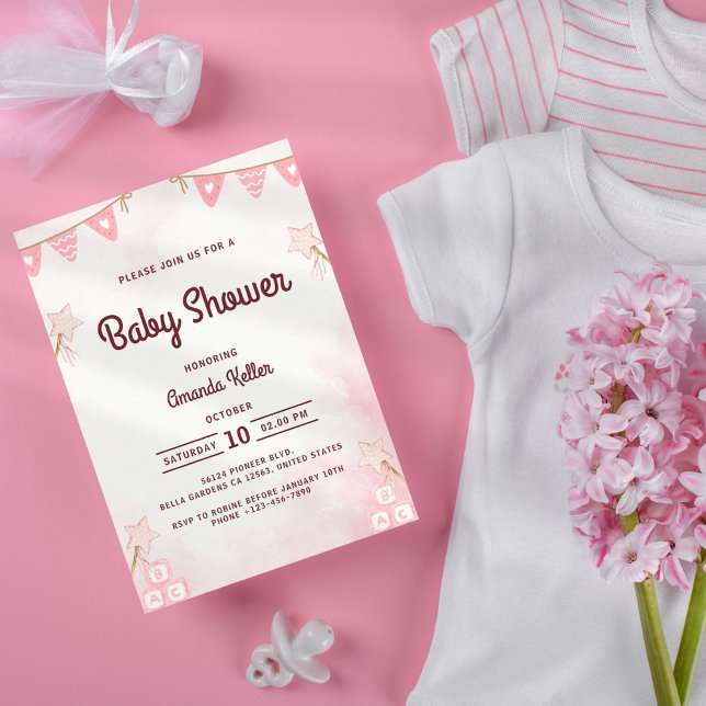 Pink Cute Star Baby Shower Invitation (Creator Uploaded)