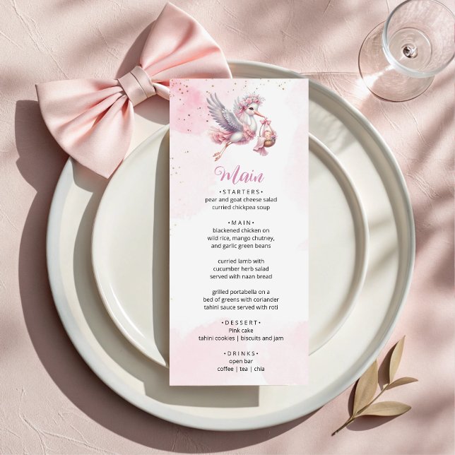 Pink & Cute Stork Baby Girl Shower Menu Card (Creator Uploaded)