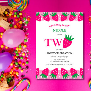 Pink Cute Strawberry Berry Sweet 2nd Birthday Invitation